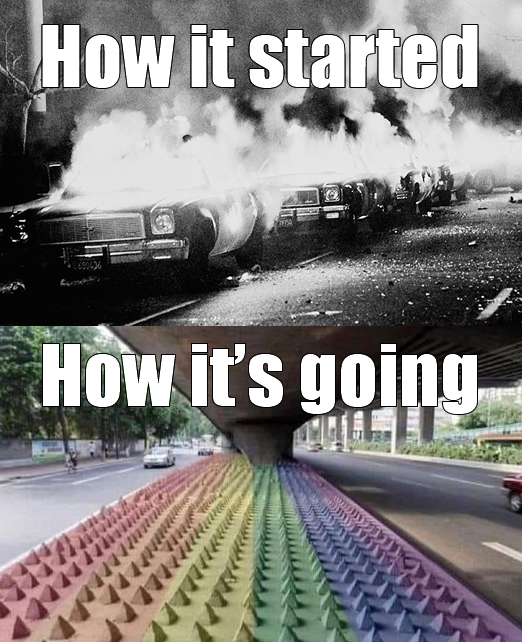 This meme is a humorous comparison of two contrasting situations. The top image depicts a chaotic and destructive scene, likely a war or natural disaster, with the text "How it started". The bottom image shows a peaceful and serene environment, with a road lined with flowers, and the text "How it's going". The meme pokes fun at the idea that a situation can go from chaotic to peaceful in a short amount of time.